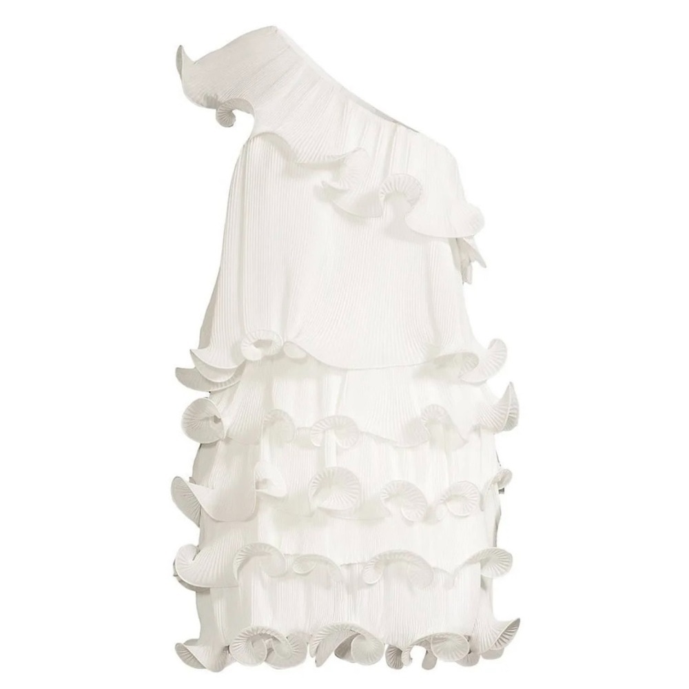 Milly | Blakely One Shoulder Tiered Ruffled Mini Dress White | 4 - Picture 9 of 16